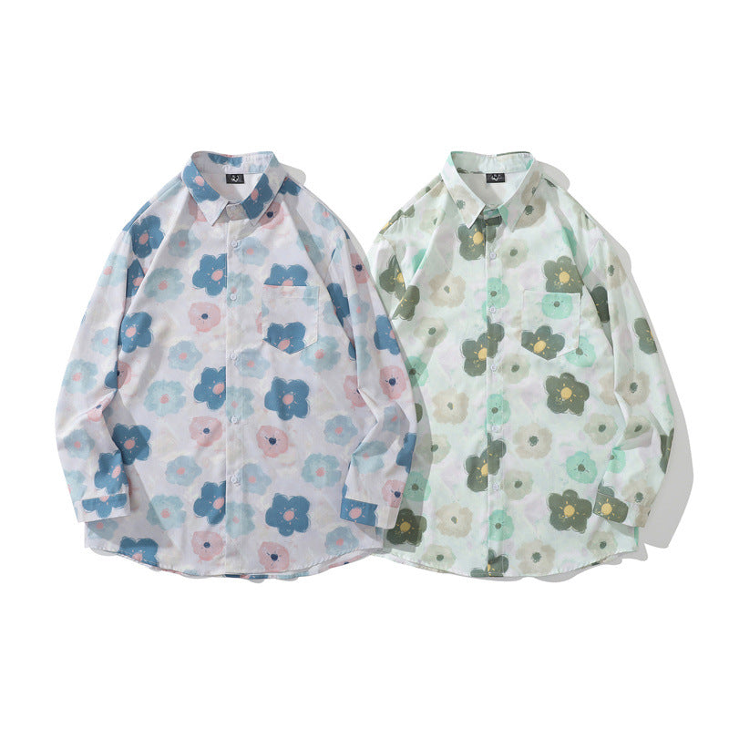 New summer color combination floral print long sleeve shirt