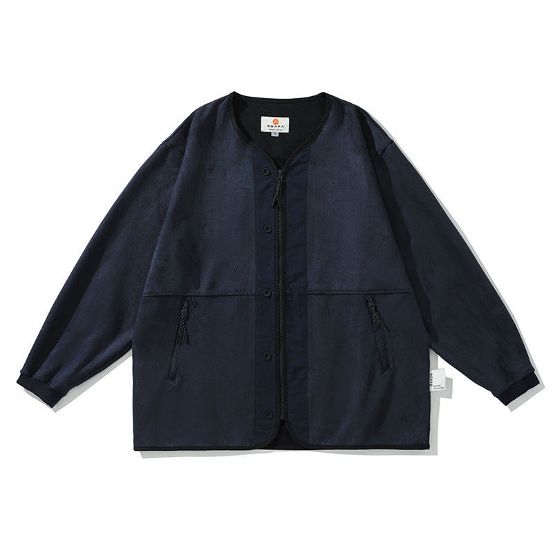 Color-block zipper pocket collarless jacket