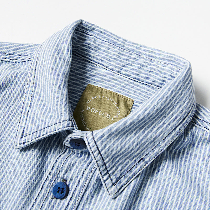 Spring color-coordinated striped multi-pocket skipper shirt