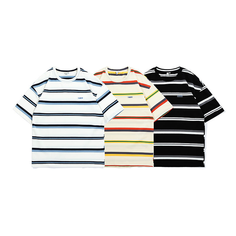 New summer border-switched crew neck T-shirt