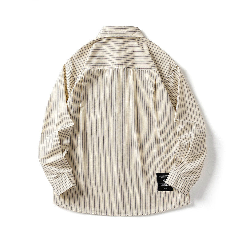 Striped turn-down collar three-dimensional pocket shirt