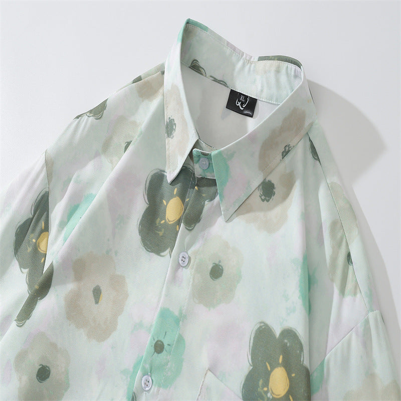 New summer color combination floral print long sleeve shirt