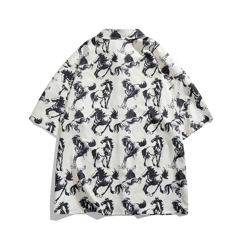 Sumi-e style running horse print short-sleeved shirt