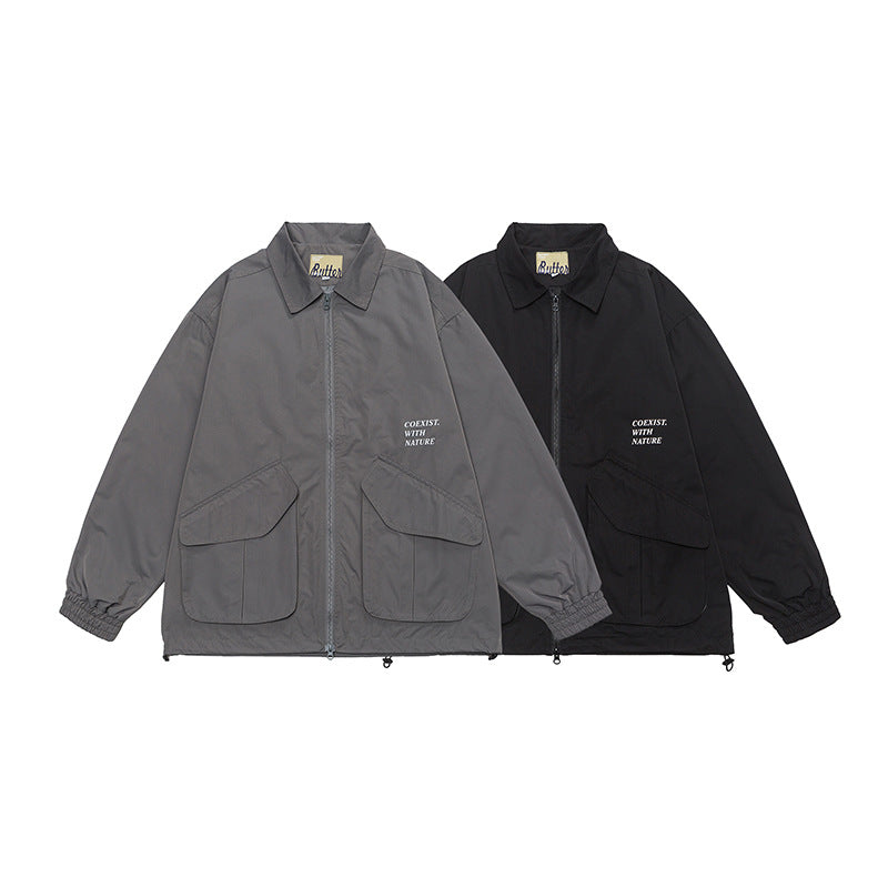 Solid color 3D pocket turn-down collar jacket