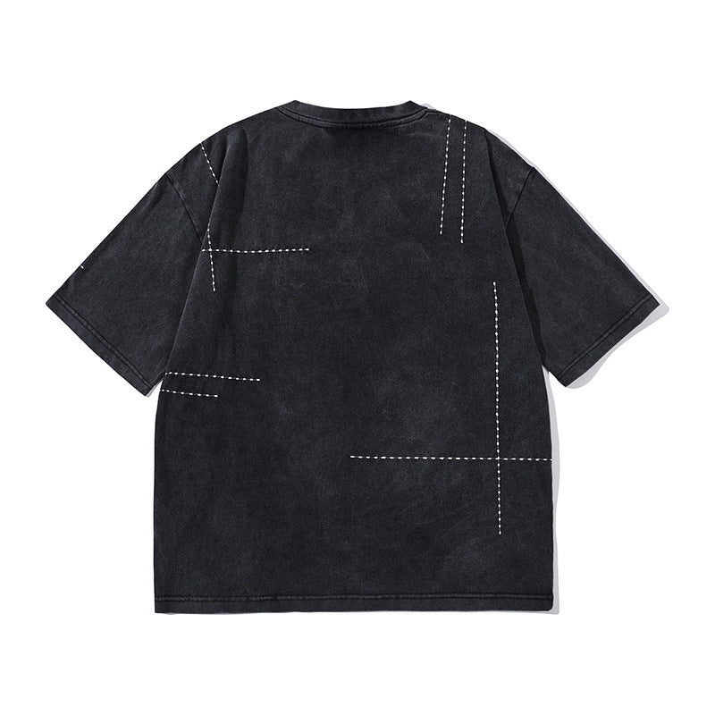 不規則刺し子入り 藍染コットンクルーネックTシャツ