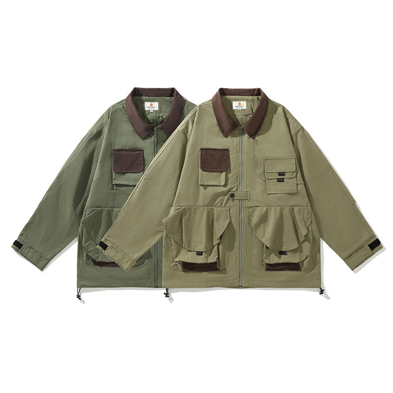 Stand collar pocket corduroy turndown collar jacket