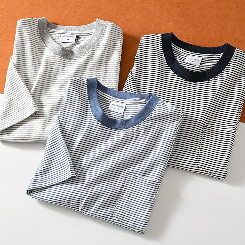 New for summer: Washed cotton striped short-sleeved T-shirt