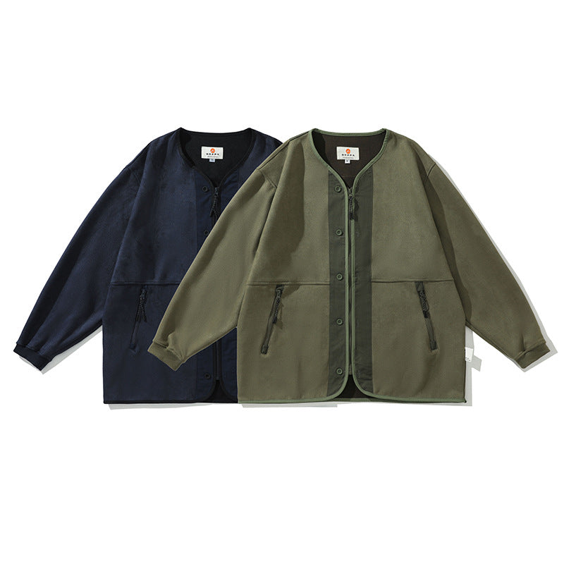 Color-block zipper pocket collarless jacket