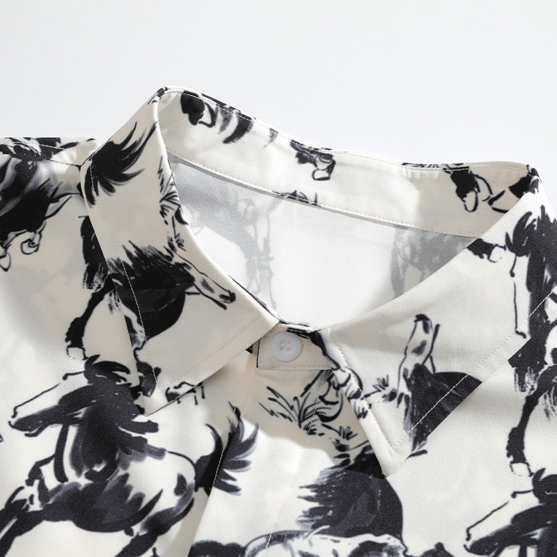 Sumi-e style running horse print short-sleeved shirt