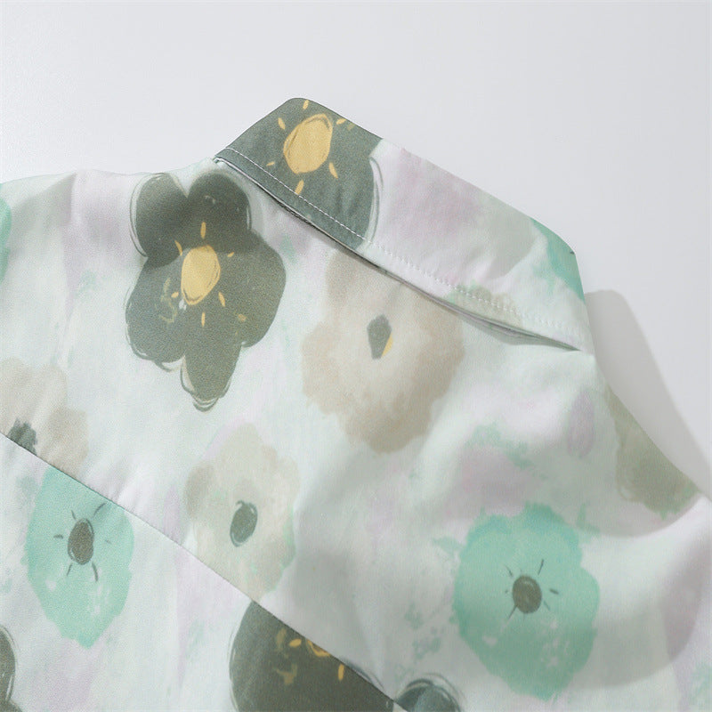 New summer color combination floral print long sleeve shirt