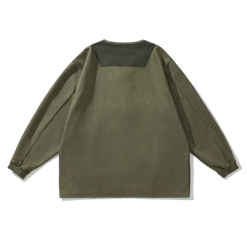 Color-block zipper pocket collarless jacket