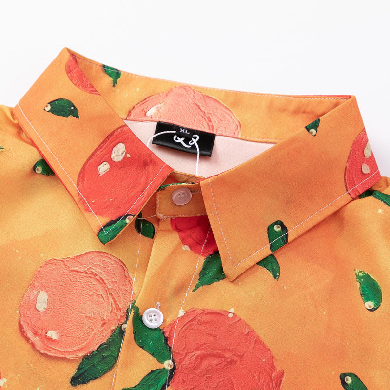 Peach fruit print short sleeve shirt