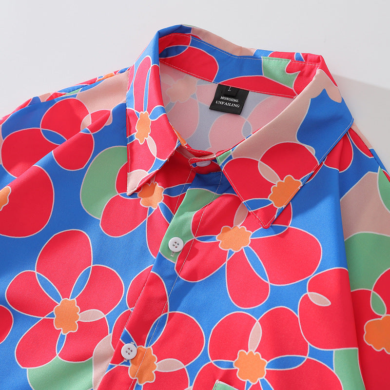 New summer color combination floral print short sleeve shirt