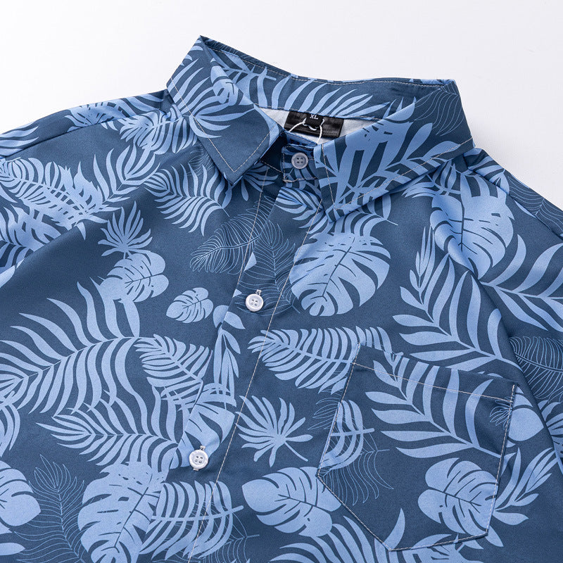 New summer color combination leaf print short sleeve shirt