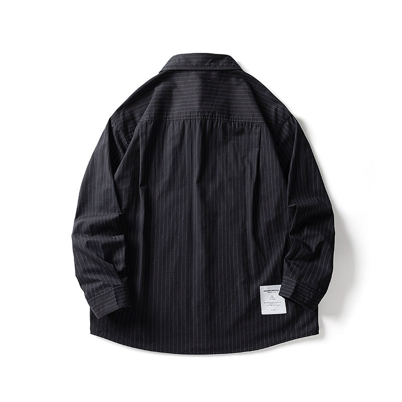 Striped turn-down collar three-dimensional pocket shirt