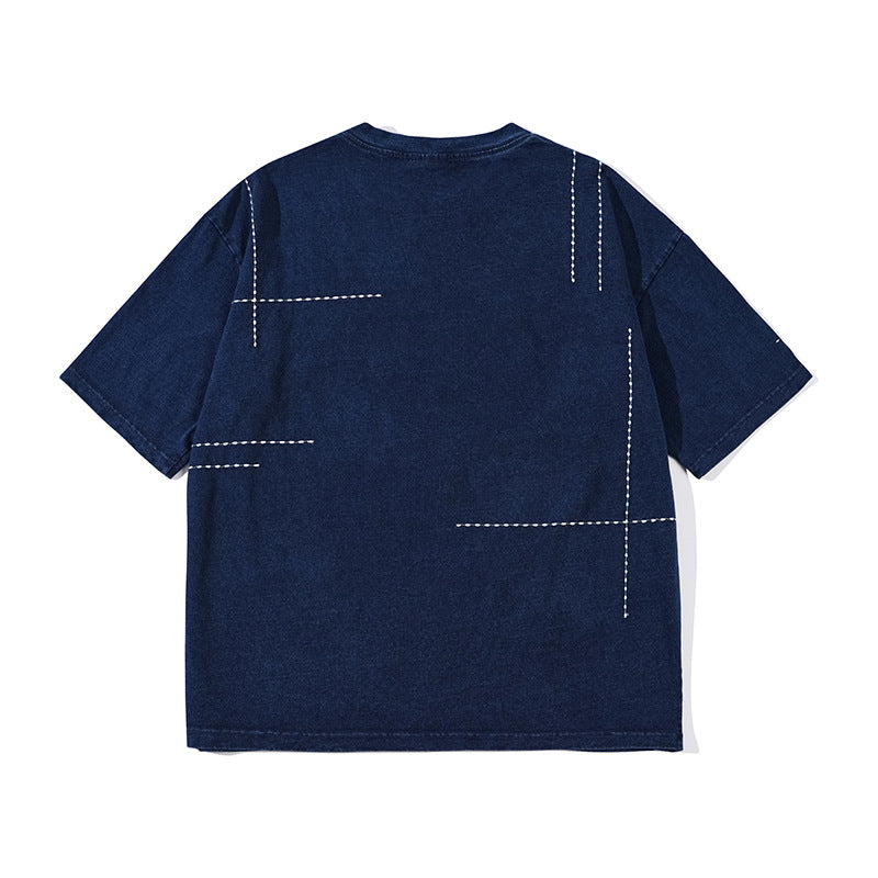 不規則刺し子入り 藍染コットンクルーネックTシャツ