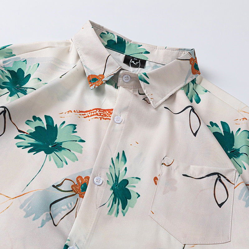 New for summer: Floral print turn-down collar short-sleeved shirt