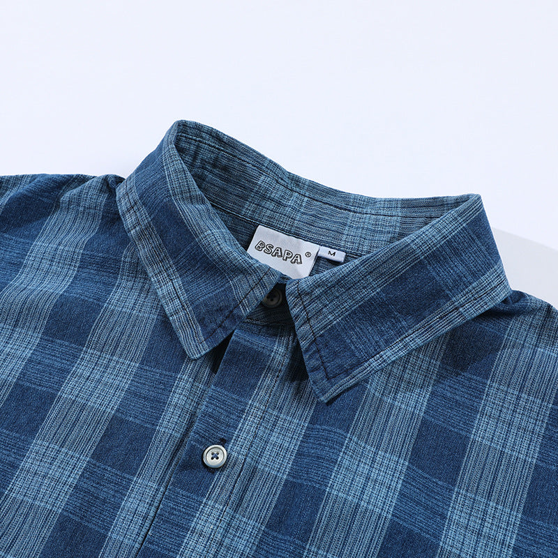 New for summer: Blue checkered turn-down collar short-sleeved shirt