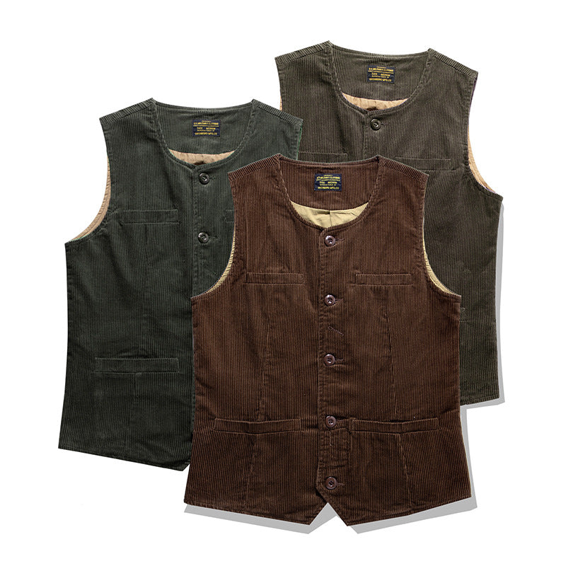 Solid color, multi-pocket, heavyweight corduroy cargo vest