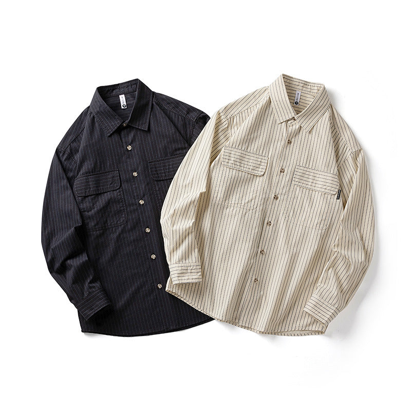 Striped turn-down collar three-dimensional pocket shirt