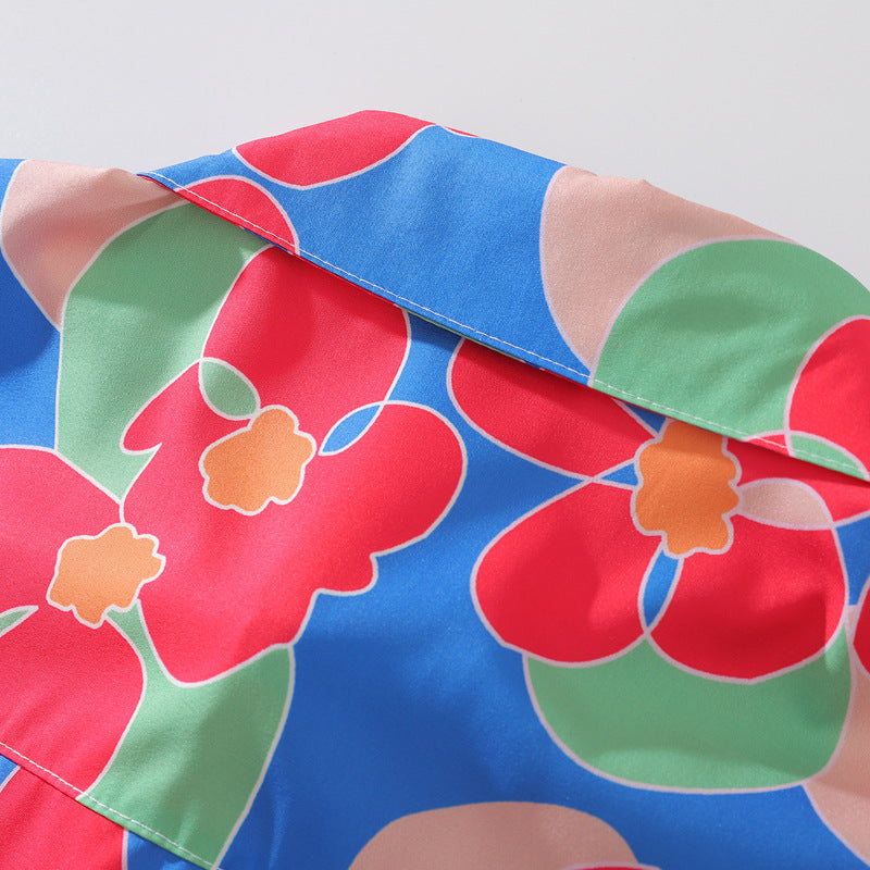 New summer color combination floral print short sleeve shirt