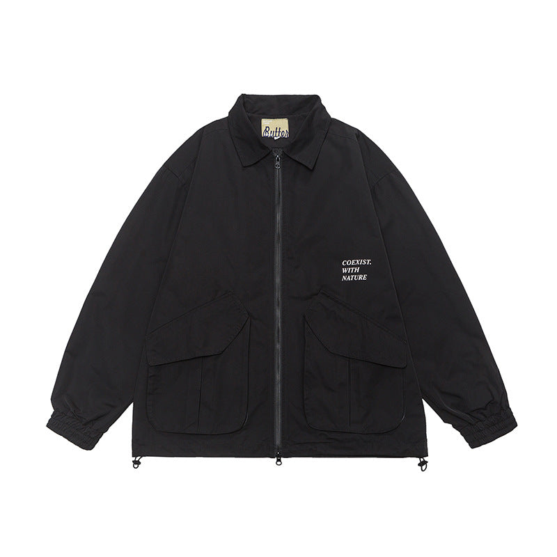 Solid color 3D pocket turn-down collar jacket