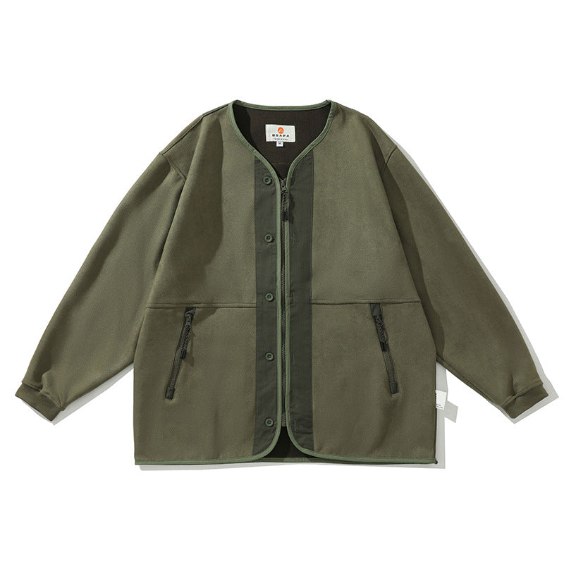 Color-block zipper pocket collarless jacket
