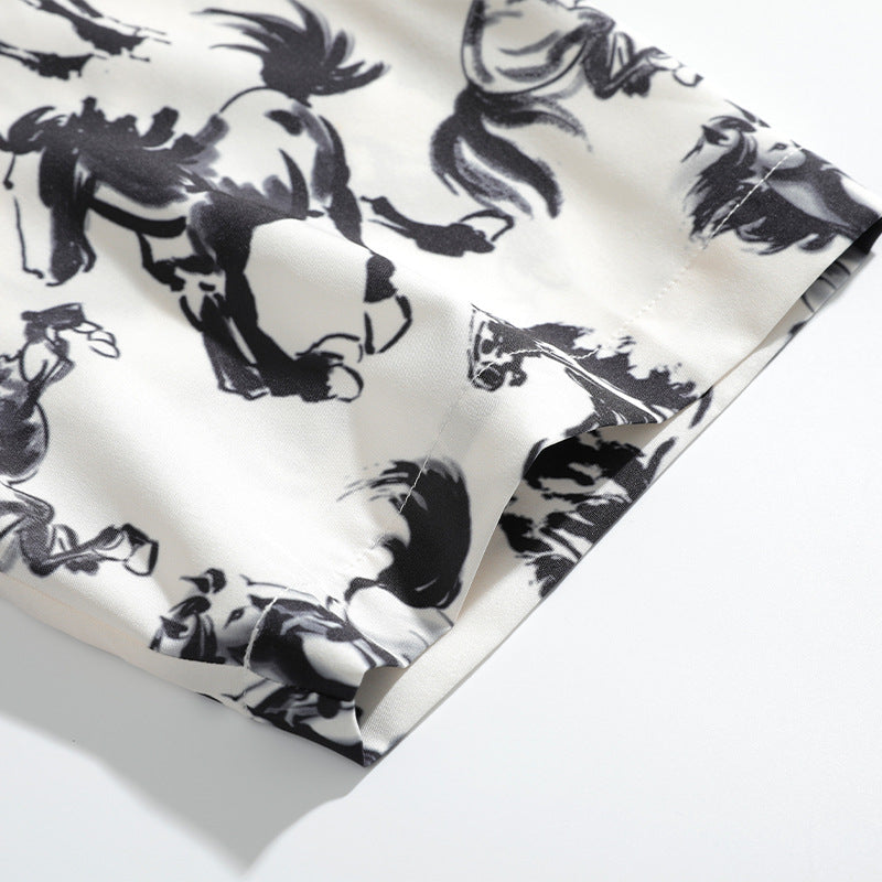 Sumi-e style running horse print short-sleeved shirt