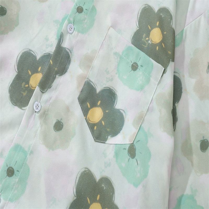 New summer color combination floral print long sleeve shirt
