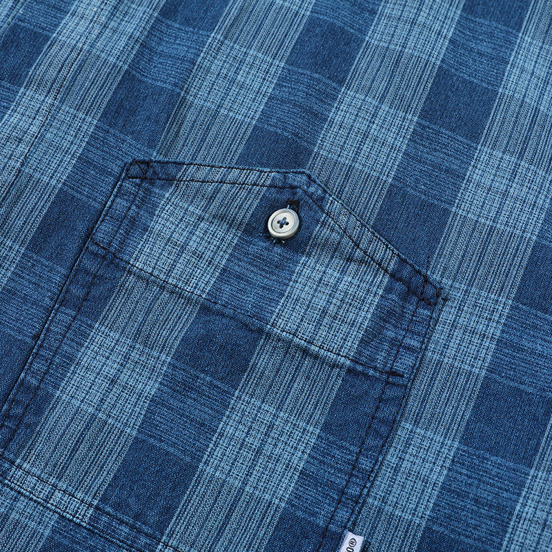 New for summer: Blue checkered turn-down collar short-sleeved shirt
