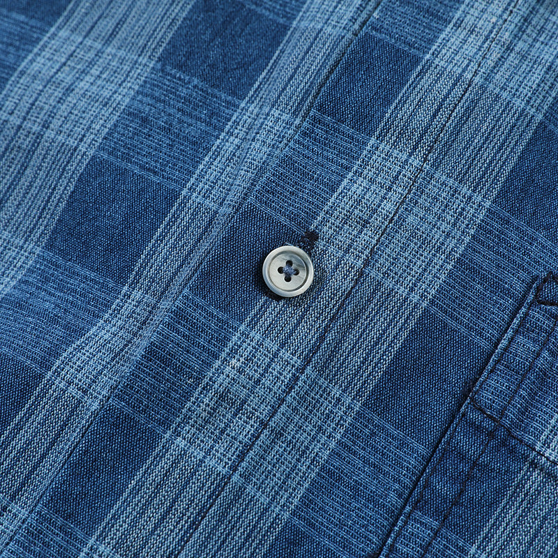 New for summer: Blue checkered turn-down collar short-sleeved shirt