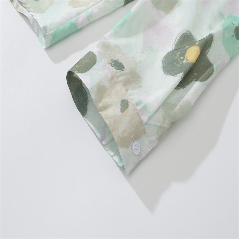 New summer color combination floral print long sleeve shirt