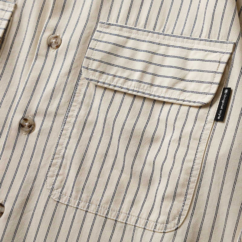 Striped turn-down collar three-dimensional pocket shirt