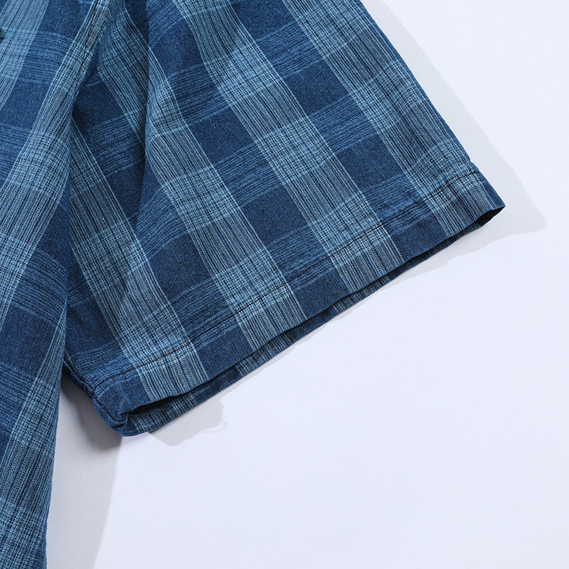 New for summer: Blue checkered turn-down collar short-sleeved shirt