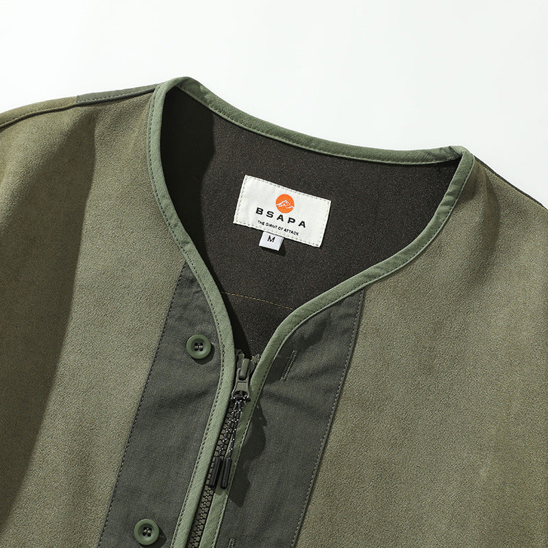 Color-block zipper pocket collarless jacket