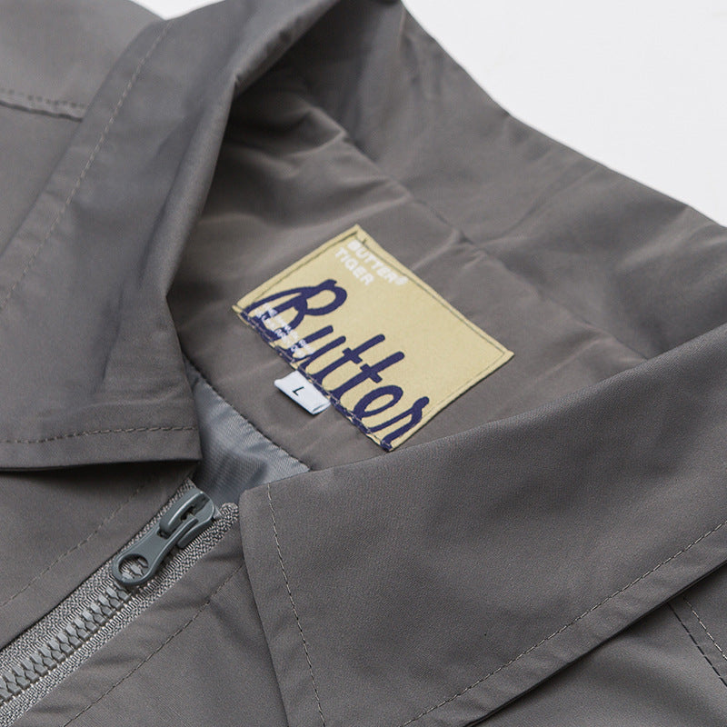 Solid color 3D pocket turn-down collar jacket