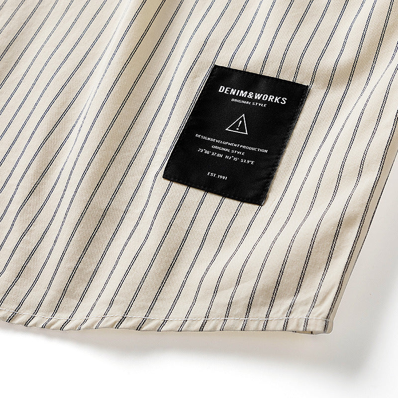 Striped turn-down collar three-dimensional pocket shirt