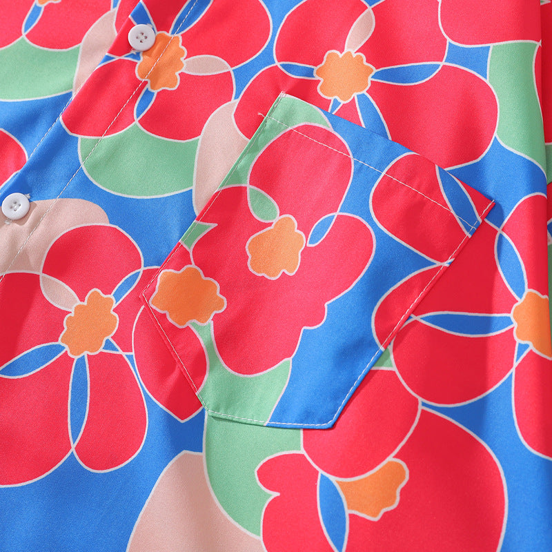 New summer color combination floral print short sleeve shirt