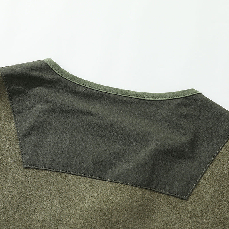 Color-block zipper pocket collarless jacket