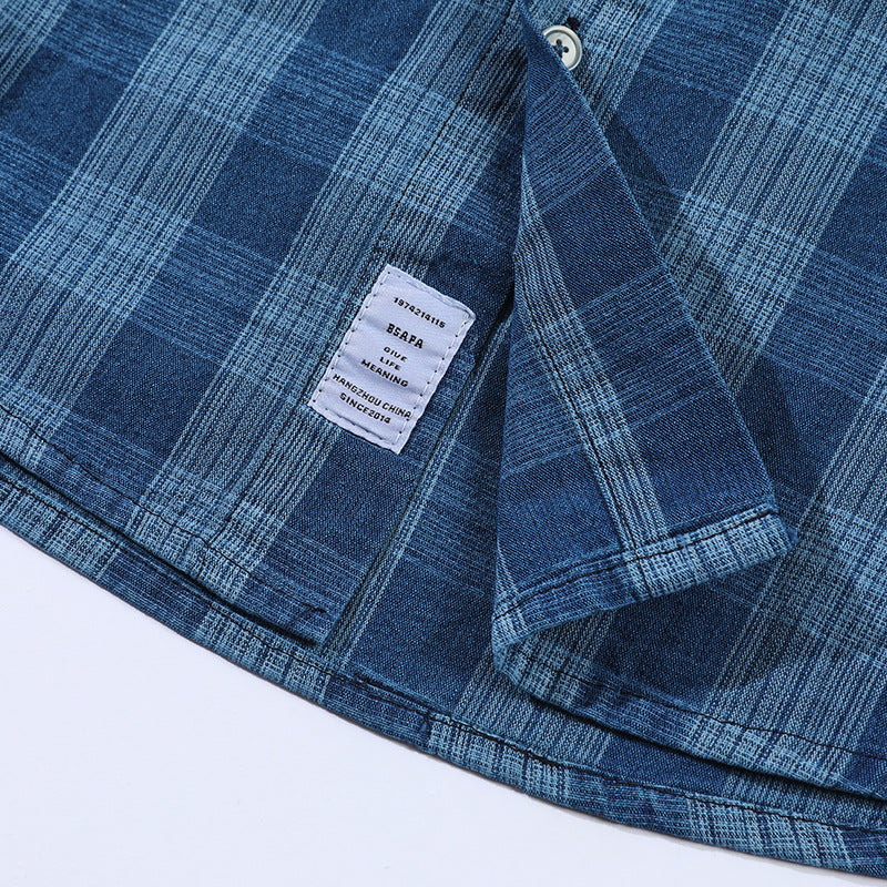 New for summer: Blue checkered turn-down collar short-sleeved shirt