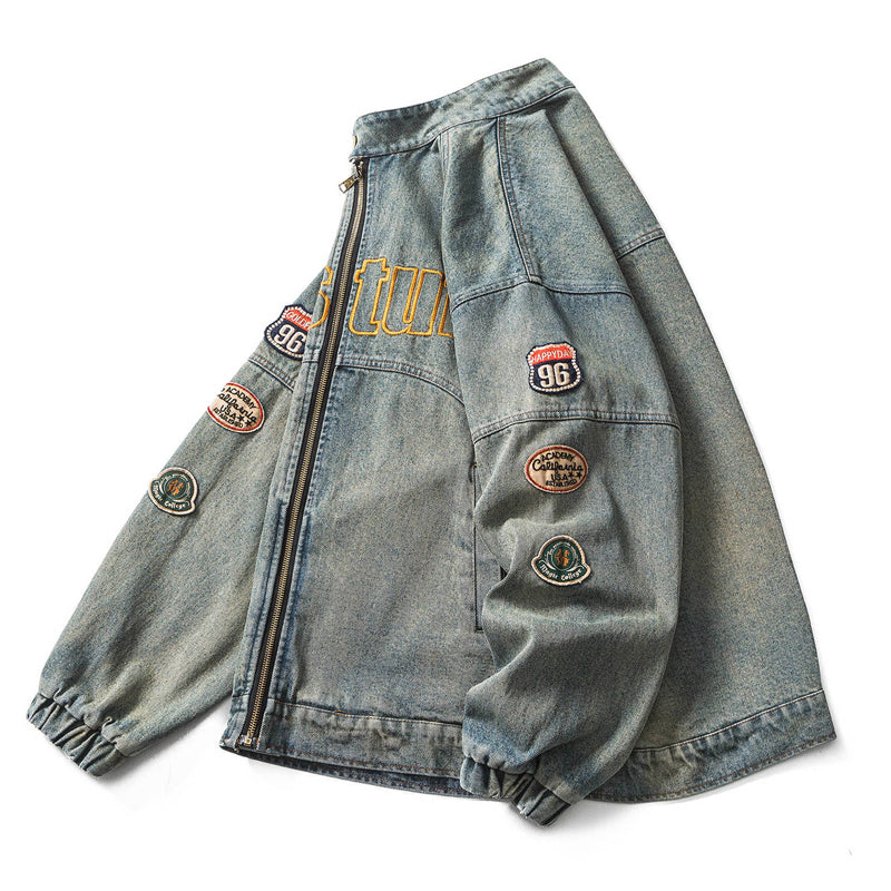Stand collar washed denim embroidered jacket