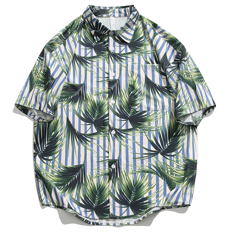 Striped Leaf Print Short Sleeve Aloha Shirt