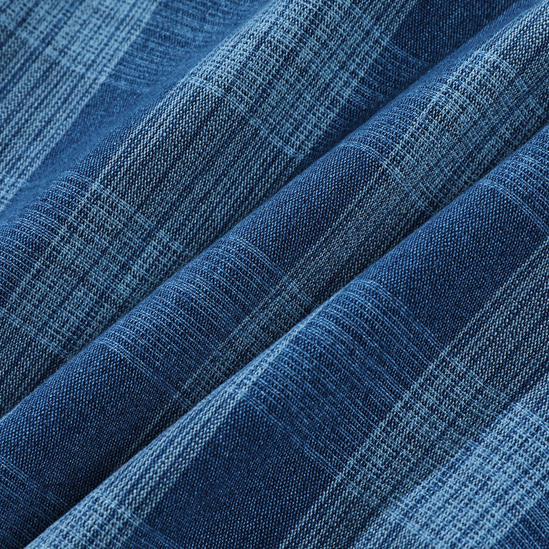 New for summer: Blue checkered turn-down collar short-sleeved shirt