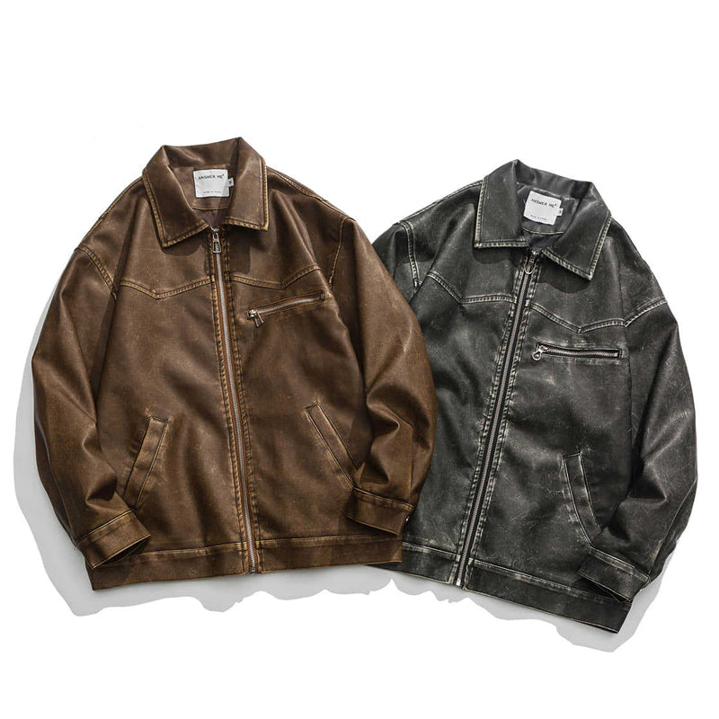 レトロ ウォッシュ加工レザー ジャケット折り襟 ジャケット