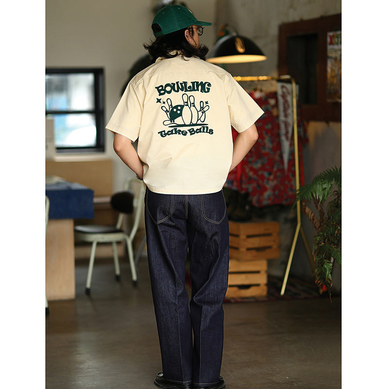 Retro Embroidered Bowling Short Sleeve Cuban Shirt