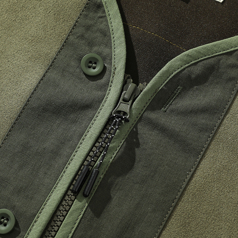 Color-block zipper pocket collarless jacket