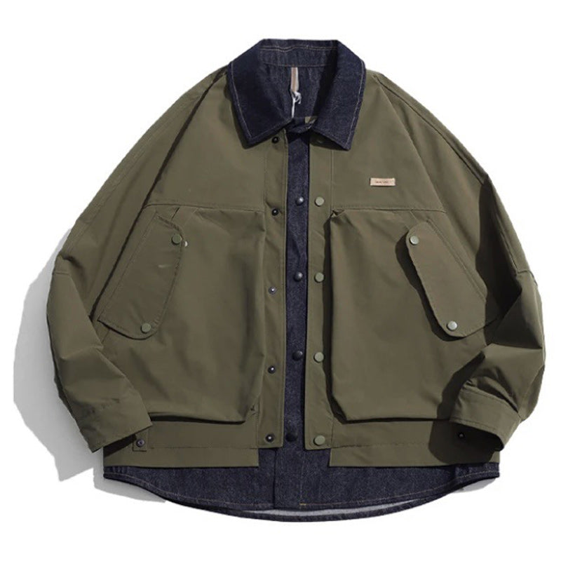 Denim-switched fake layered jacket
