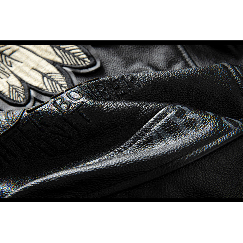 Leather flight jacket with Indian embroidery badge
