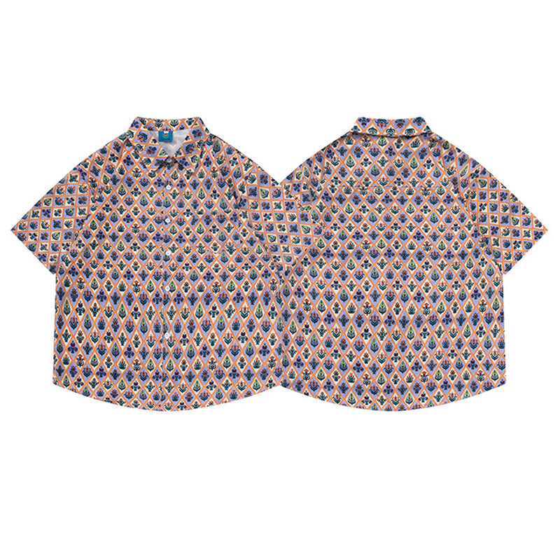 Retro Floral Diamond Short Sleeve Aloha Shirt