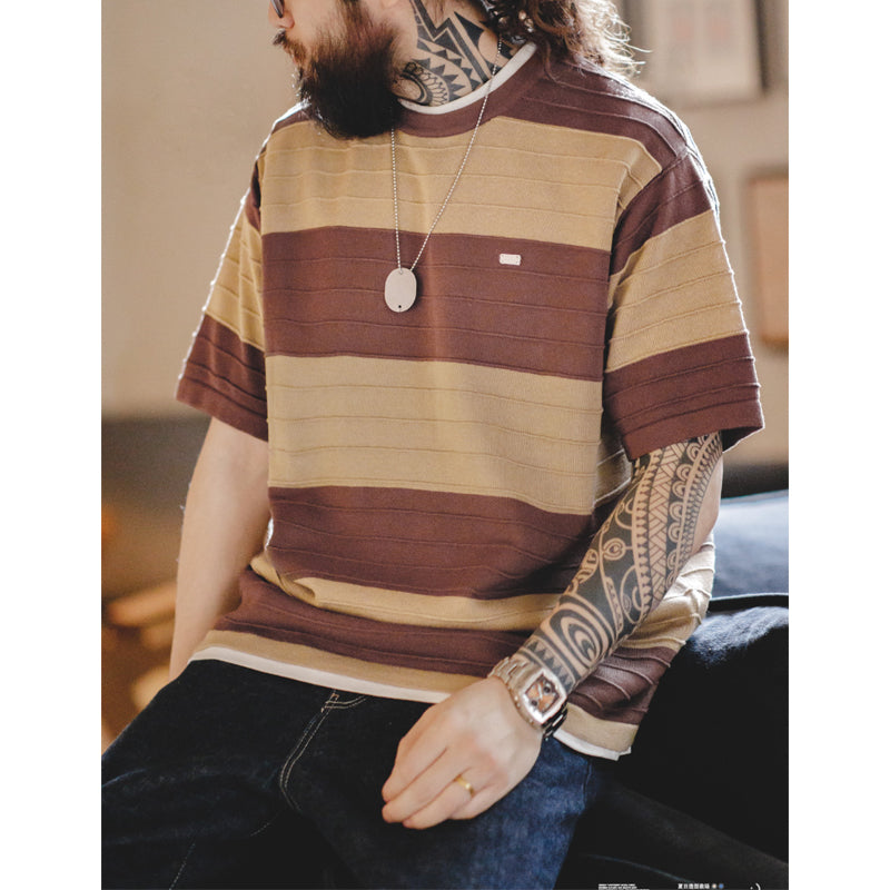 "3D-STRIPE" Border Pattern Linen-Like Knit Tee